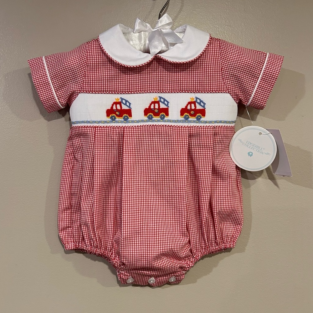 Edgehill Collection Peter Pan Collar Gingham Bubble Smocked Firetrucks Romper